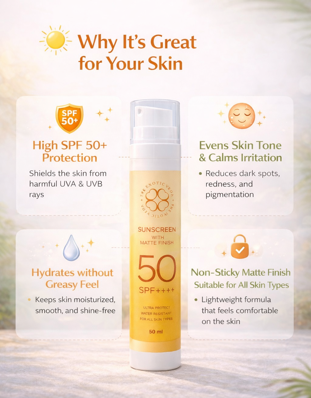 SPF 50 Sunscreen gel texture — no white cast, lightweight finish on Indian skin